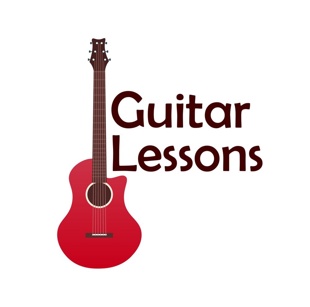 Guitar lessons, school logo. Vector flat illustration. Music.